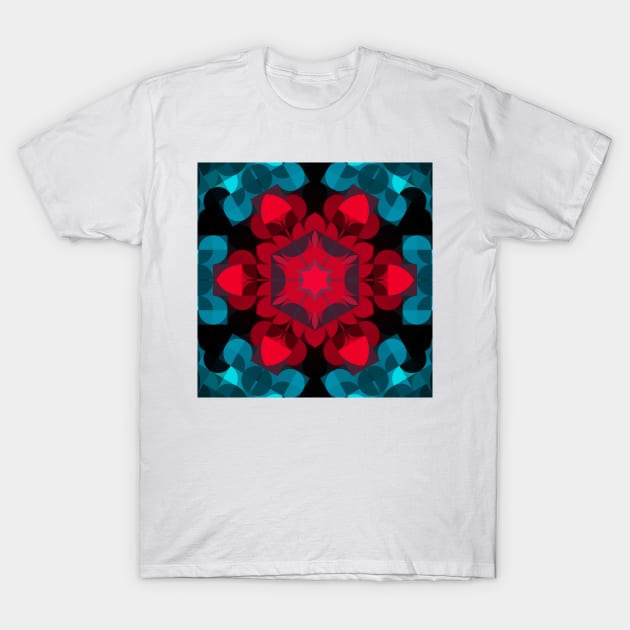 Retro Mandala Flower Red Blue and Black T-Shirt by WormholeOrbital